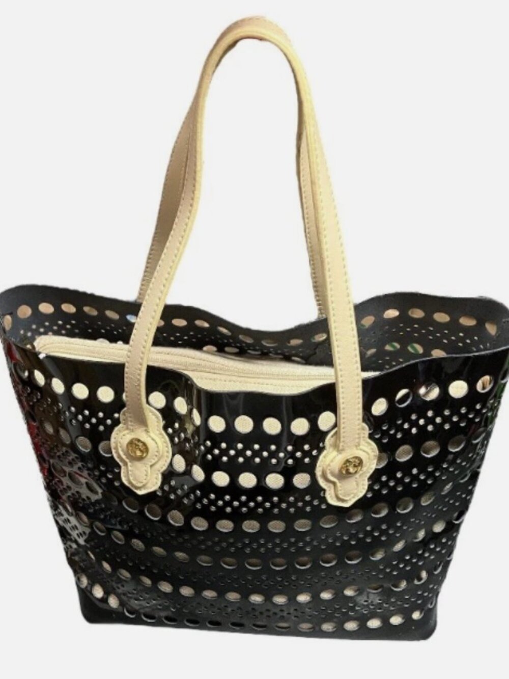 DISCONTINED SPARTINA BLACK DOTTED LASER CUT SHOULDER BAG BLACK W NAT LINEN INSER